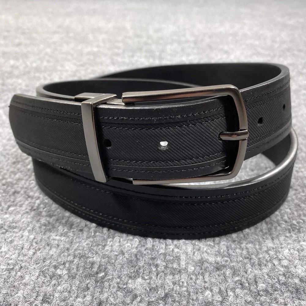DVGJ Belt Mens L 38-40 Black Faux Leather Silver Buckle Classic Reversible